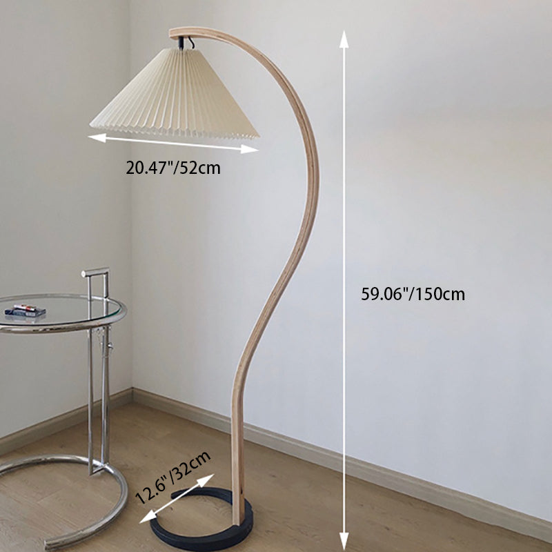 Traditional Japanese Pleated Cone PVC Fabric Iron Beech Wood 1-Light Standing Floor Lamp For Home Office