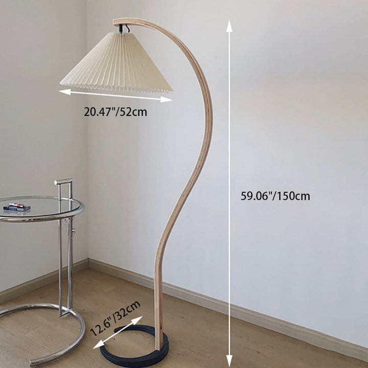 Traditional Japanese Pleated Cone PVC Fabric Iron Beech Wood 1-Light Standing Floor Lamp For Home Office