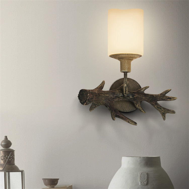 Contemporary Industrial Antler Resin Glass Cylinder 1-Light Wall Sconce Lamp For Living Room &amp; Bedroom