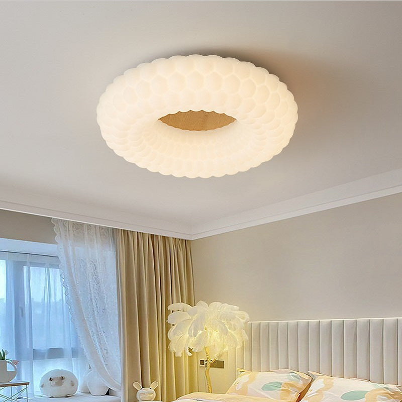 Contemporary Simplicity Cloud PE Round Shade Wood Grain LED Flush Mount Ceiling Light For Bedroom