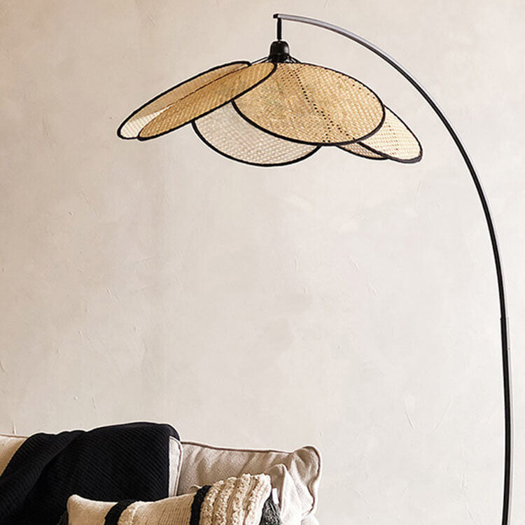 Lámpara de pie tradicional japonesa de ratán con forma de flor de 1 luz para sala de estar 