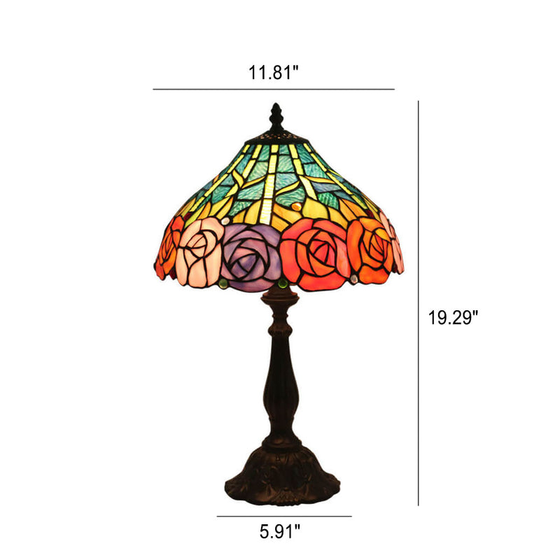 Vintage Tiffany Roses Stained Glass Cone 1-Light Table Lamp