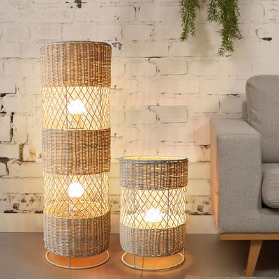 Minimalist Rattan Weaving Round Column 1/2 Light Standing Floor Lamp