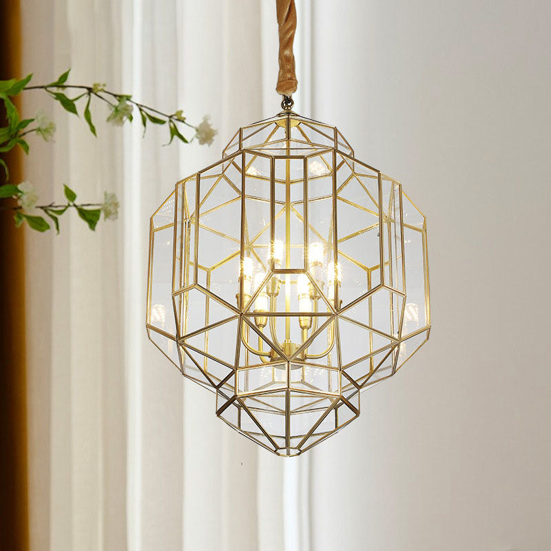 Moderne Mid-Century Messing-Finish Geometrische Polygonale Rahmen-Kandelaber 6-Licht Kronleuchter für den Eingangsbereich 