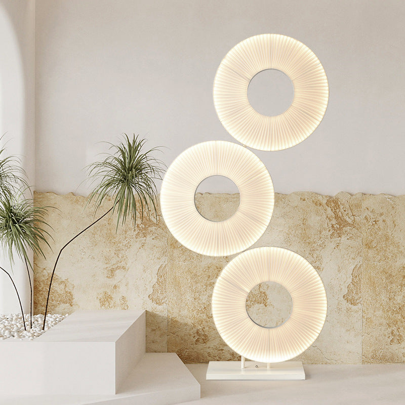 Contemporary Nordic Pleated Fabric Circle Ring Shade Iron Base LED Standing Floor Lamp For Living Room