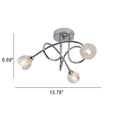 Lustre de plafond semi-encastré à 3 lumières en verre cristal nordique avec lignes torsadées 