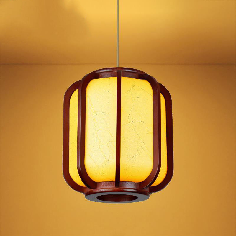 Traditional Chinese Faux Sheepskin Wooden Lantern Round 1-Light Pendant Light for Living Room