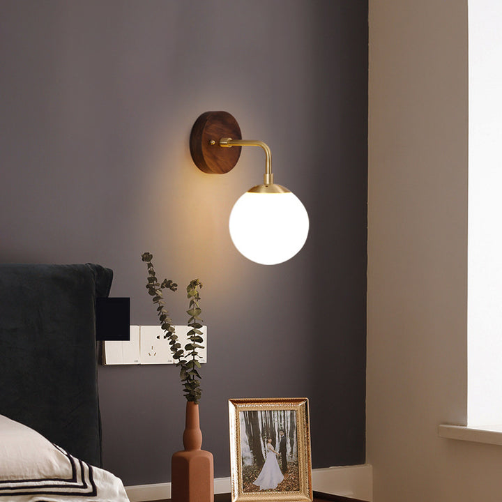 Contemporary Nordic Walnut Brass Glass Round Orb 1-Light Wall Sconce Lamp for Living Room