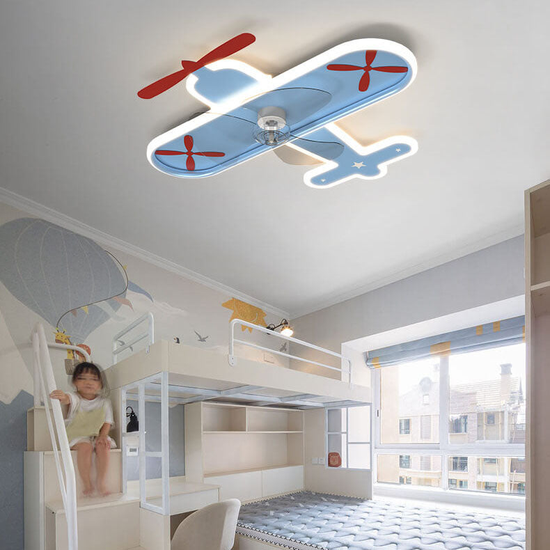 Modern Cartoon Aircraft Dimmable LED Kids Flush Mount Ceiling Fan Light
