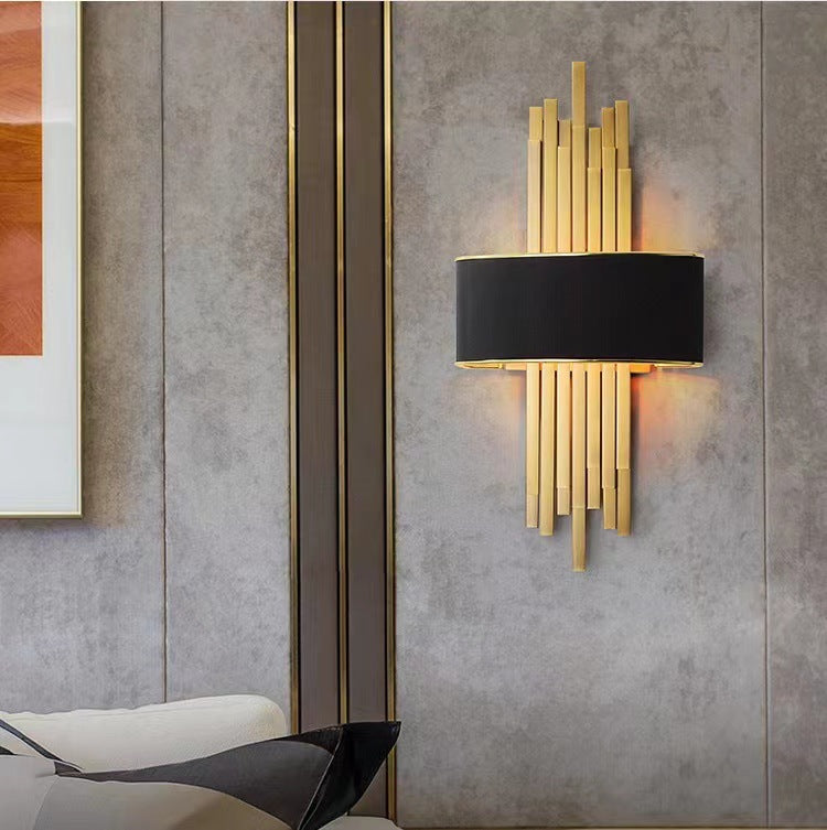Modern Luxury Iron Straight Line Fabric Cylinder Shade 2-Light Wall Sconce Lamp For Living Room