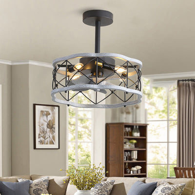 Industrial Minimalist Copper Iron Round Square 4-Light Semi-Flush Mount Ceiling Fan Light