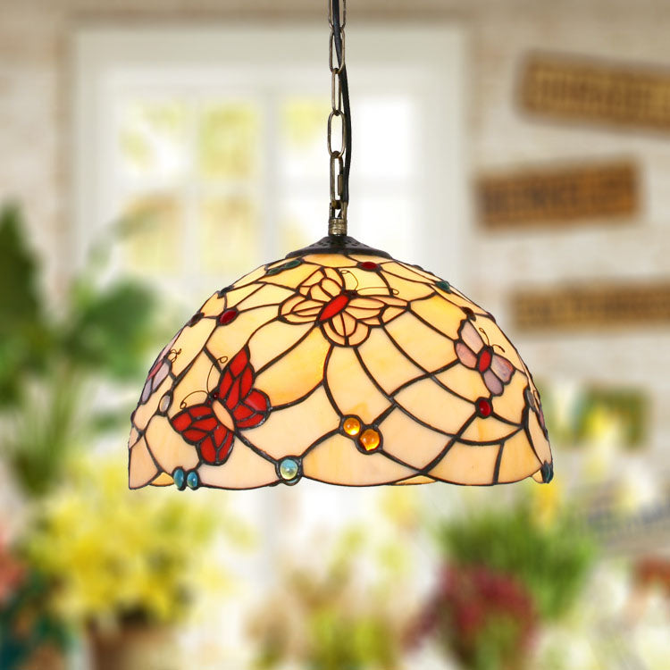 Tiffany European Butterfly Gem Stained Glass Dome 1-Light Pendant Light