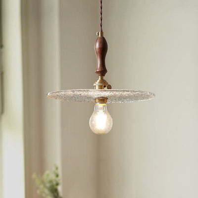 Japanese Frosted Glass Round Disc Walnut 1-Light Pendant Light