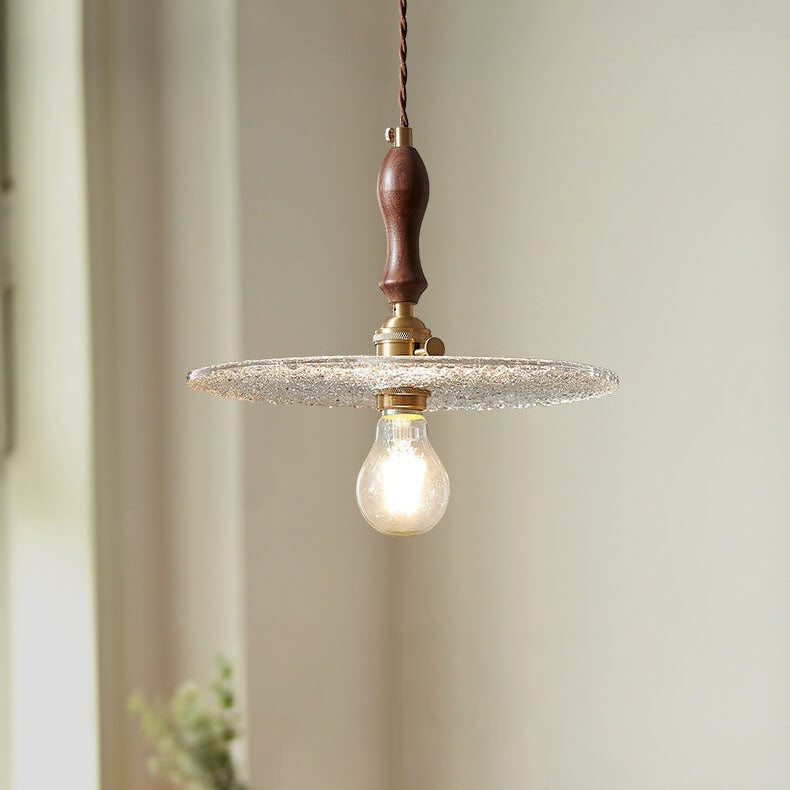 Japanese Frosted Glass Round Disc Walnut 1-Light Pendant Light