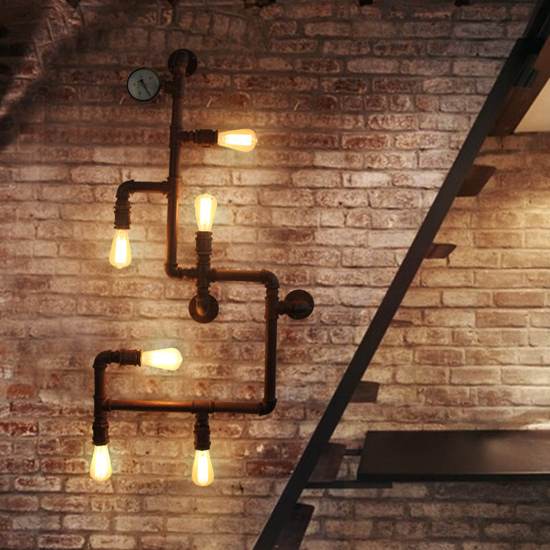 Contemporary Industrial Iron Water Pipe 6-Light Wall Sconce Lamp For Living Room