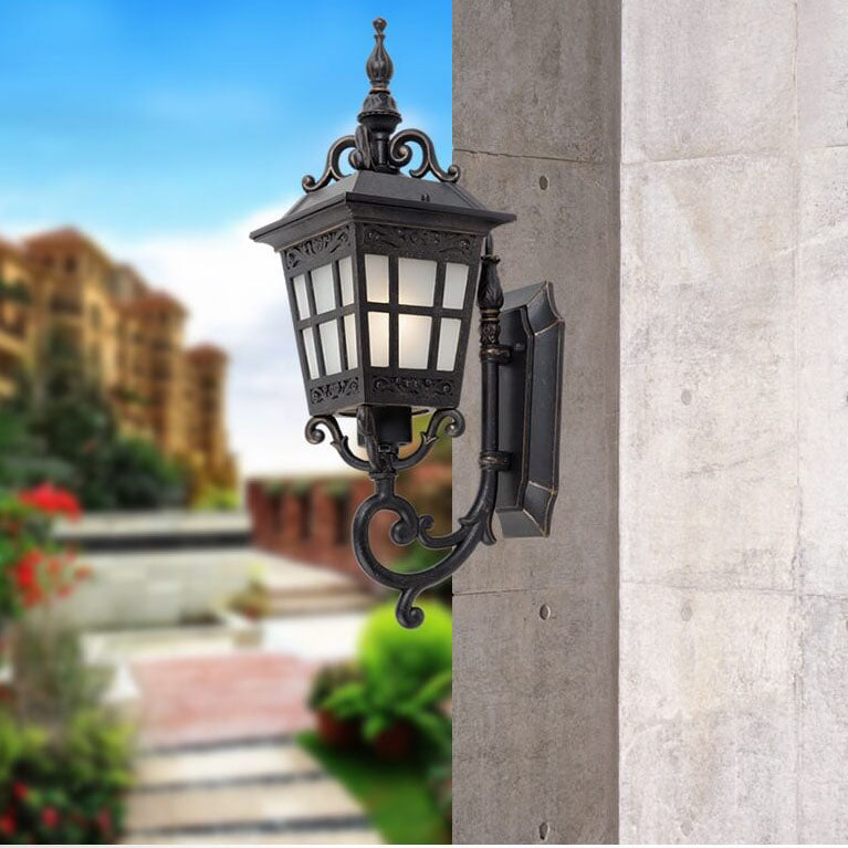 European Outdoor Square Lantern Carved 1-Light Waterproof Wall Sconce Lamp