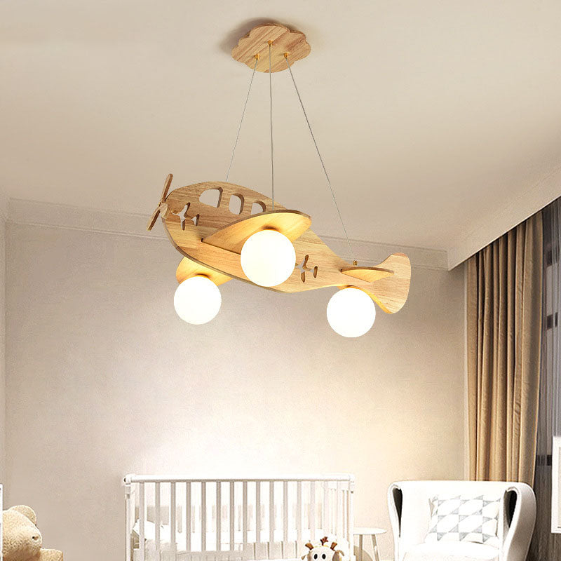 Contemporary Creative Solid Wood Glass Planes Magic Beans Cartoon Kids 3-Light Chandelier For Living Room &amp; Bedroom
