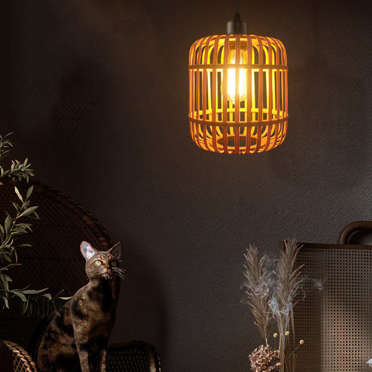 Moderne Bambus- und Rattan-Weberei Hohlkäfig-Design 1-Licht Pendelleuchte 