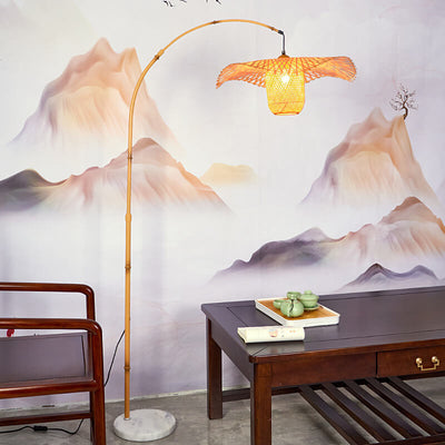 Vintage Zen Bamboo Weaving Straw Hat 1-Light Adjustable Standing Floor Lamp