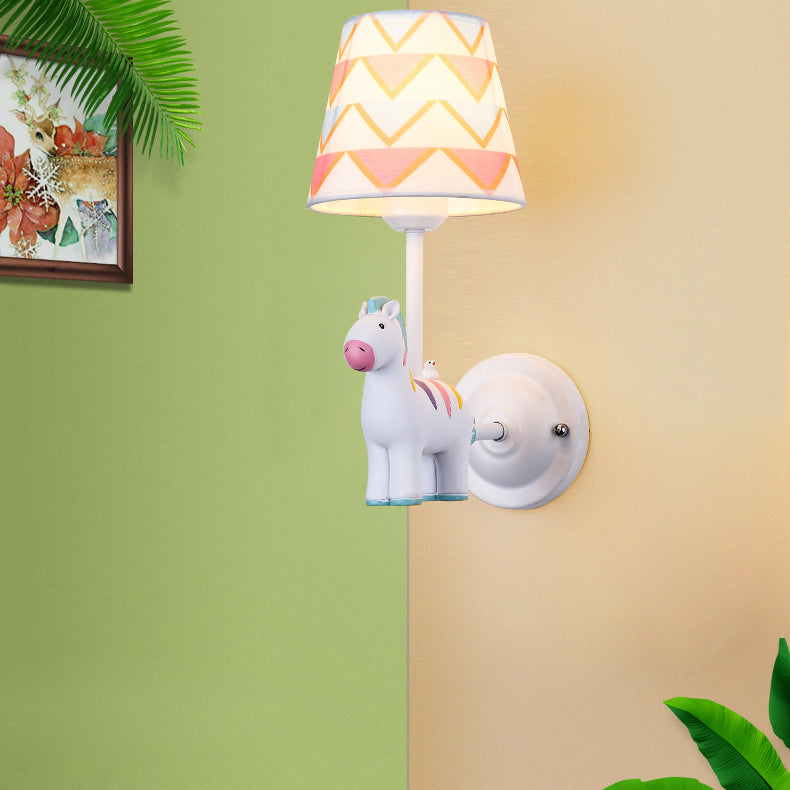 Contemporary Creative Cartoon Resin Unicorn Fabric Shade 1-Light Kids Wall Sconce Lamp For Bedroom