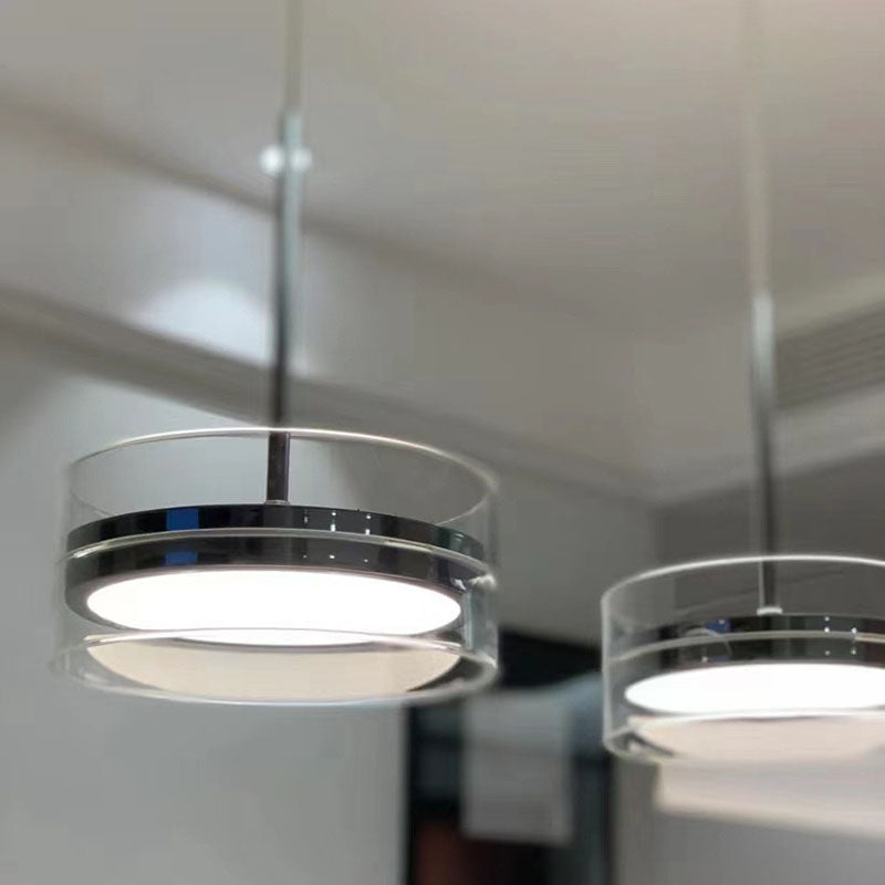 Lámpara de araña LED de isla con pantalla cilíndrica de vidrio de acero inoxidable escandinavo contemporáneo para comedor 