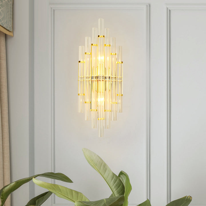 Modern Luxury Crystal Hardware Geometric Column Rechargeable 2-Light Wall Sconce Lamp For Living Room &amp; Bedroom