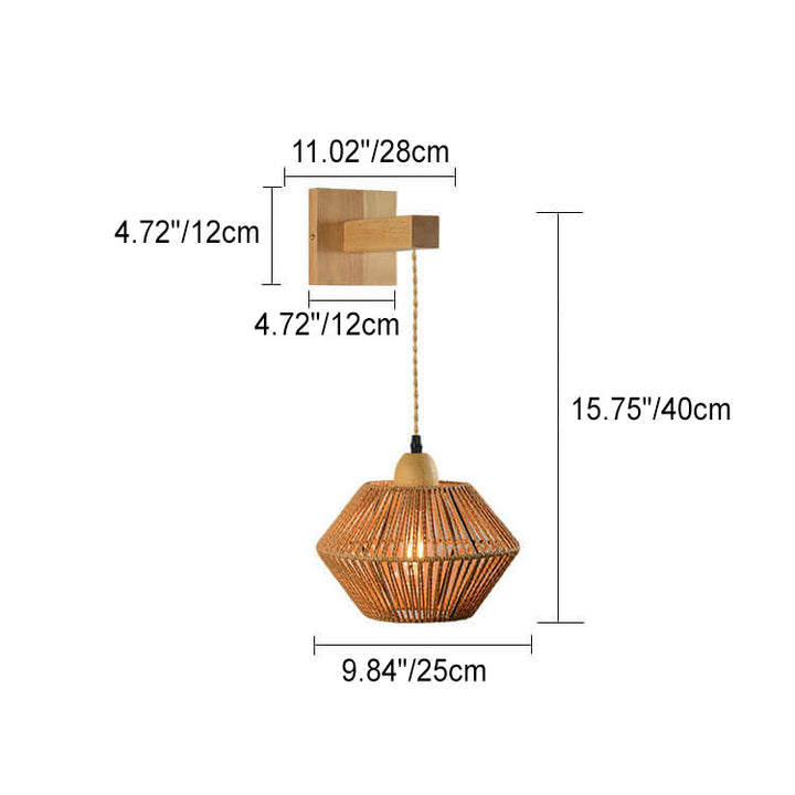 Traditionelle Vintage-Wandleuchte mit Seilgeflecht, Bambus, Massivholz und Laternenkäfig, 1-flammig, für das Wohnzimmer 