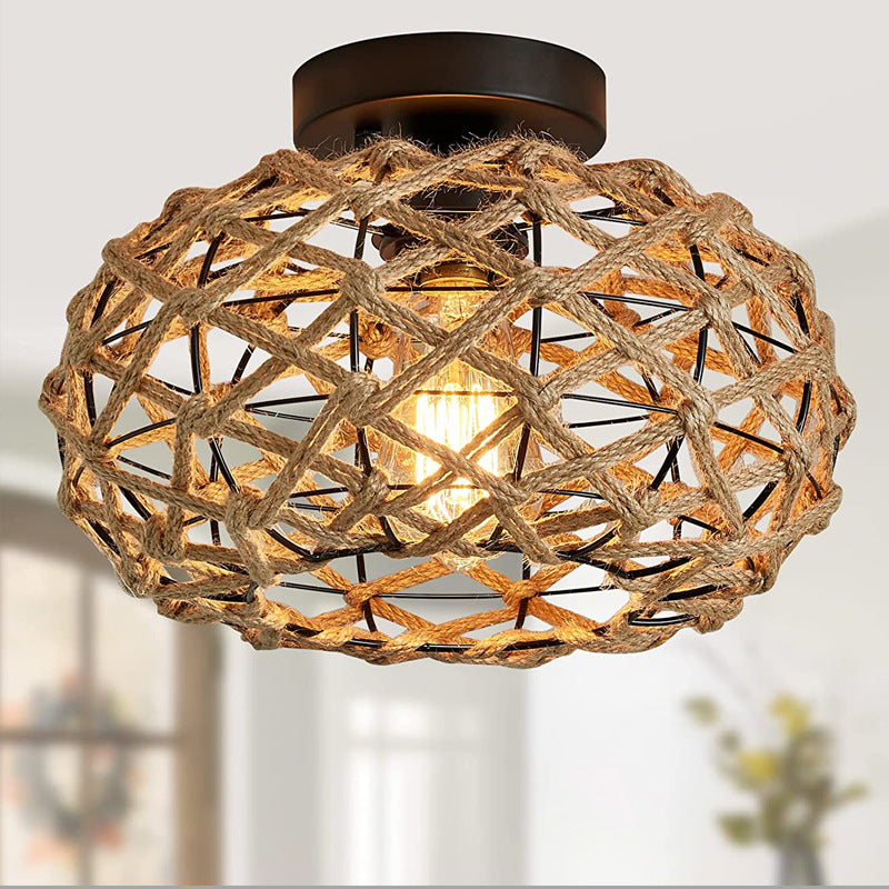 Traditionelle rustikale Hanfseil-Weberei Eisenkäfig 1-Licht Semi-Flush Mount Deckenleuchte für Schlafzimmer 