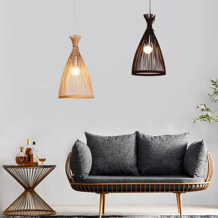 Suspension Luminaire Style Japonais Vintage Tressage de Rotin Conique 1 Lumière 