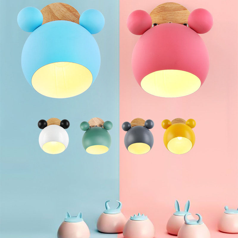 Contemporary Nordic Kids Cartoon Iron Solid Wood Bear Dome 1-Light Wall Sconce Lamp For Bedroom