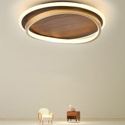 Nordic Minimalist Circular Walnut Grain LED Flush Mount Ceiling Light