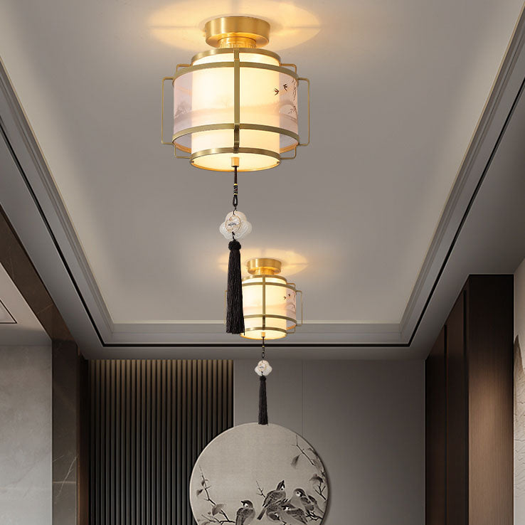 Modern Chinese Copper Fabric Round Tassel 1-Light Semi-Flush Mount Ceiling Light For Living Room