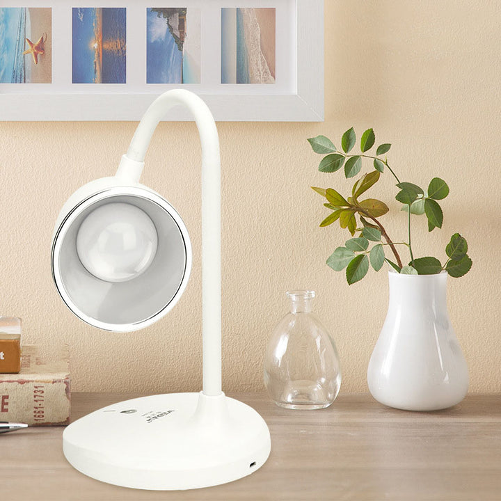 Moderne minimalistische multifunktionale wiederaufladbare USB-LED-Tischlampe aus weißem ABS in Kegelform mit Touch-Funktion und augenschonendem Licht 