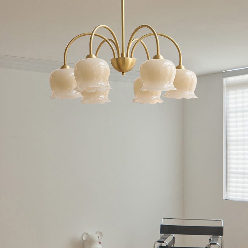 Lámpara de araña de vidrio de cobre con diseño floral crema tradicional francesa de 5/6/8 luces para sala de estar 