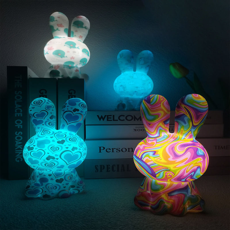 Lámpara de mesa con luz nocturna LED de conejo arcoíris impreso en 3D pintado creativamente 