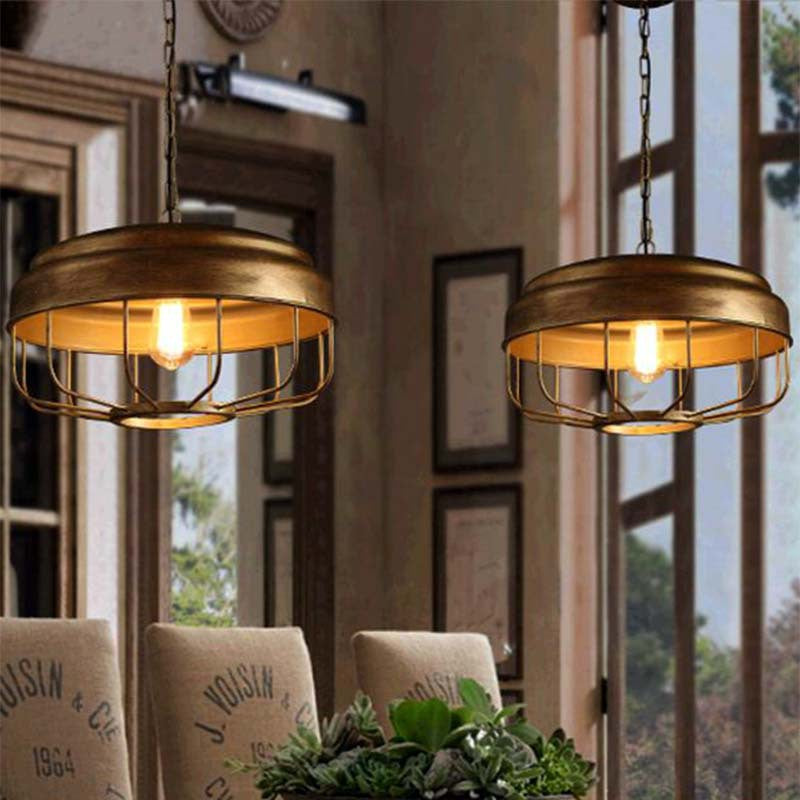 Traditional Vintage Round Cage Iron 1-Light Pendant Light For Living Room
