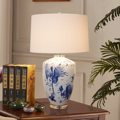 Modern Chinese Celadon Vase Fabric Drum 1-Light Table Lamp