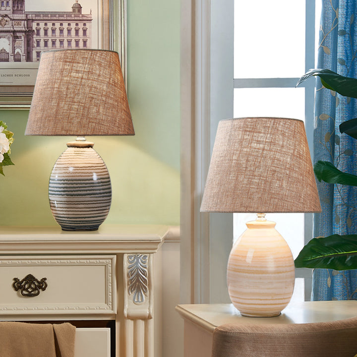 Traditional European Oval Pot Ceramic Fabric Hardware 1-Light Table Lamp for Bedroom