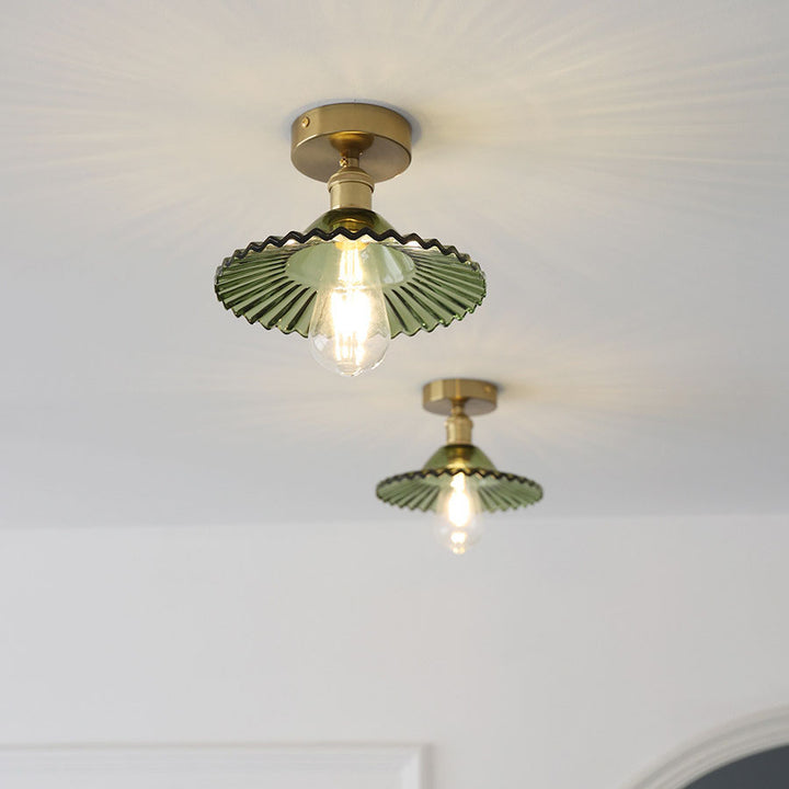 Traditionelle halb eingelassene 1-flammige Vintage-Deckenleuchte aus Glas und Eisen im Lotus-Design 