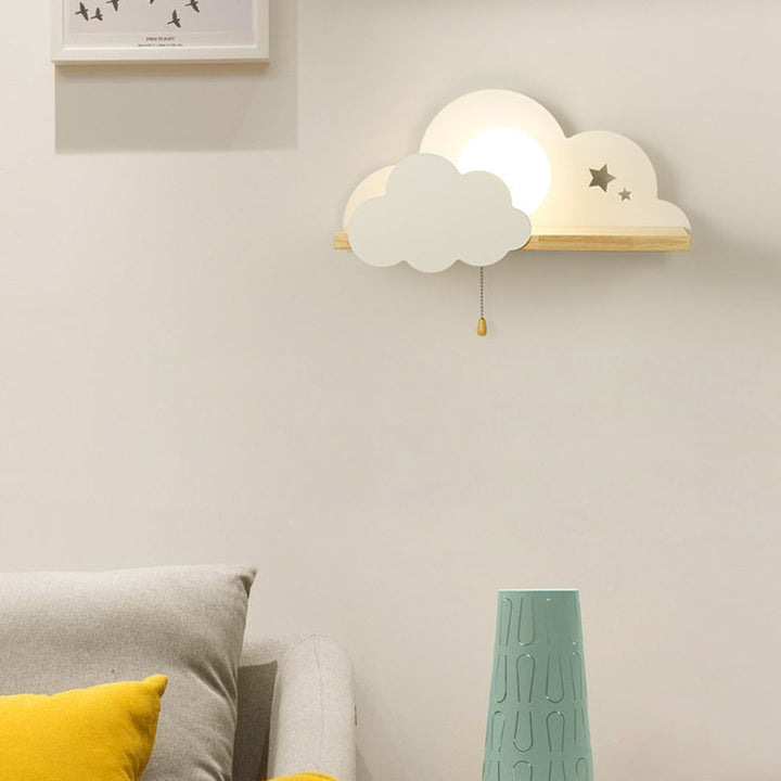 Aplique de pared moderno minimalista Macaron Cloud de vidrio, hierro y madera de roble de 1 luz para sala de estar 
