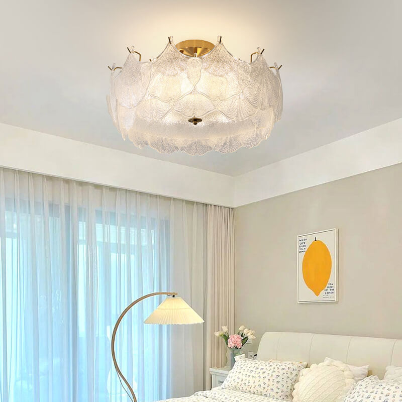 Traditionelle französische Ginkgo-Blatt-Hardware-Glas 5/8 Licht Semi-Flush-Mount-Deckenleuchte für das Wohnzimmer 