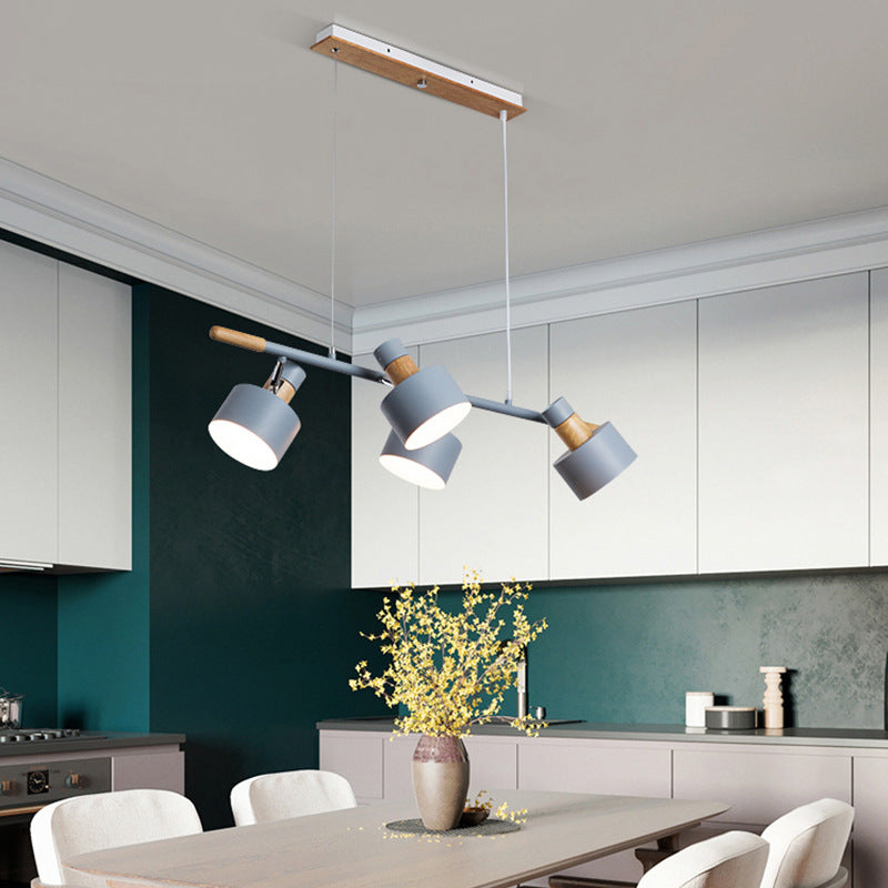 Nordic Minimalist Solid Macaron Color Wood Iron 4-Light Island Light Chandelier