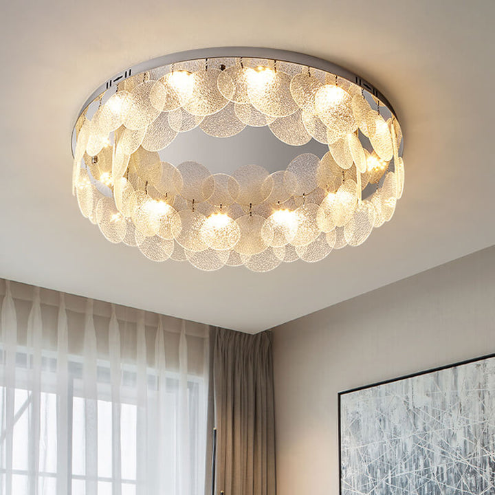 Zeitgenössische Luxus-Deckenleuchte aus Edelstahlrahmen mit Wasserstrukturglas, rundem Blatt und 8 Lichtern für das Wohnzimmer 