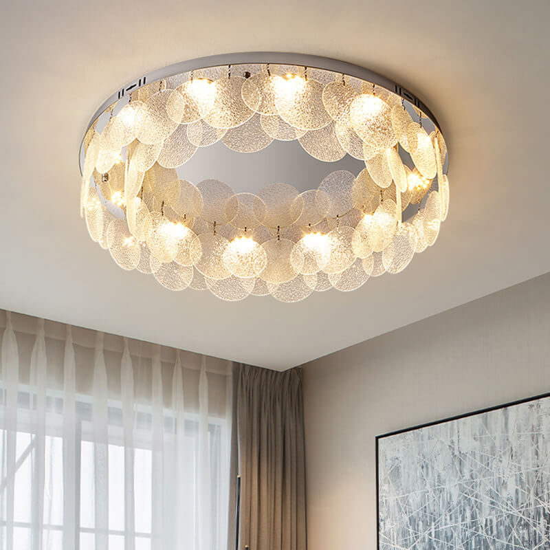 Contemporary Luxury Stainless Steel Frame Water Grain Glass Round Sheet 8-Light Flush Mount Ceiling Light For Living Room