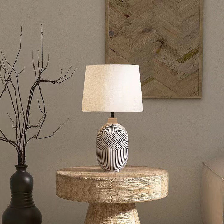 Lámpara de mesa de 1 luz con base de cerámica con rayas japonesas tradicionales para dormitorio 