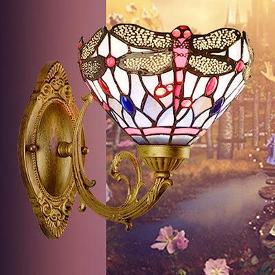European Vintage Tiffany Dragonfly Stained Glass Iron 1-Light Wall Sconce Lamp