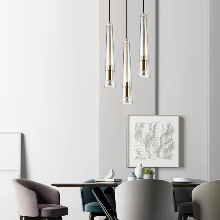 Nordisches minimalistisches klares Glas langes, verjüngtes 1-Licht-Pendelleuchte 