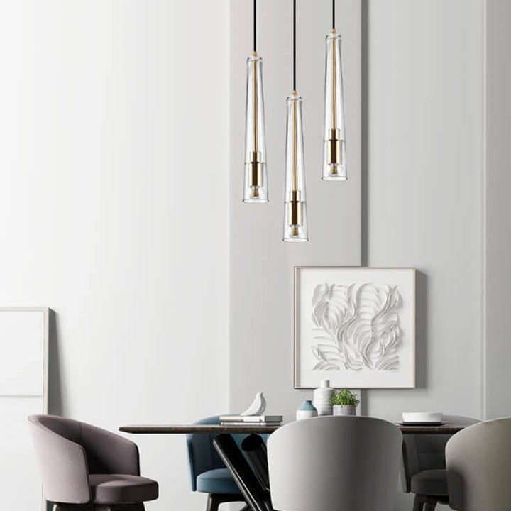 Nordisches minimalistisches klares Glas langes, verjüngtes 1-Licht-Pendelleuchte 