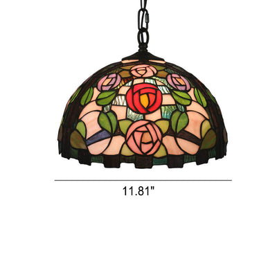 Vintage Tiffany Rose Stained Glass Dome 1-Light Pendant Light