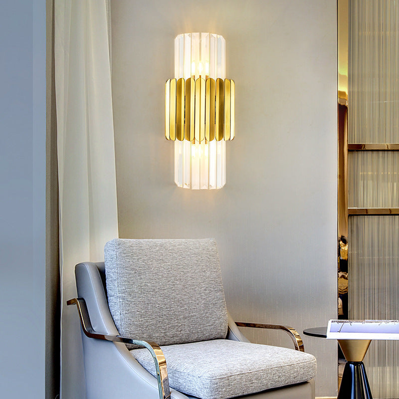 Modern Light Luxury Golden Crystal Column Stainless Steel 2-Light Wall Sconce Lamp